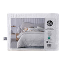 alt="Back packaging details of a white quilt cover set featuring a stunning timeless jacquard design."