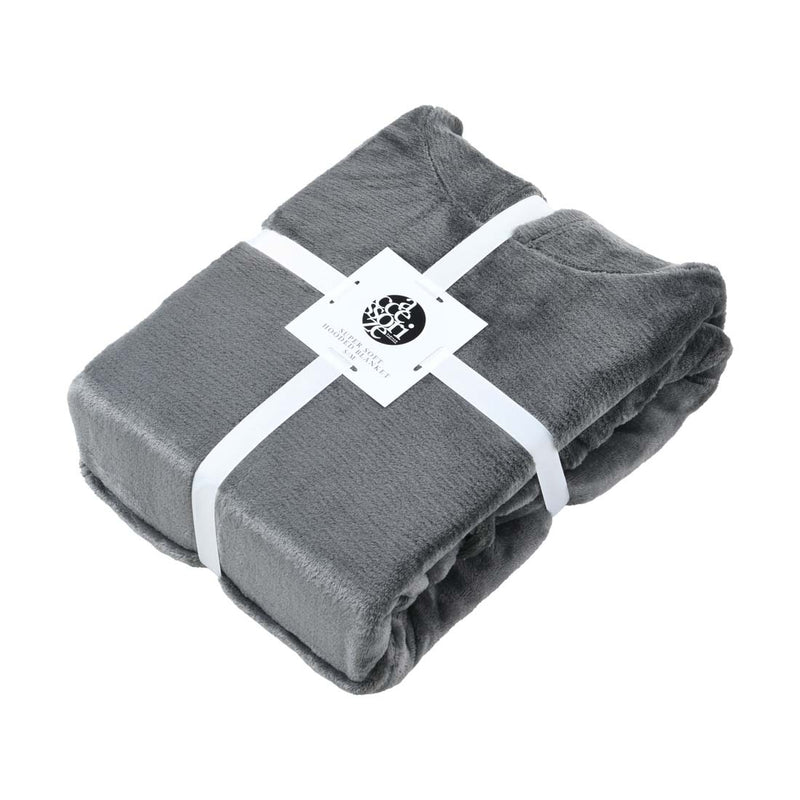 alt="Super soft grey hooded blanket with a cosy design, featuring a hood and large front pocket in the same plush material in a packaging"