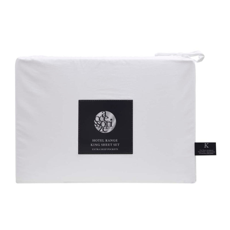alt="Showcasing the front view packaging of deluxe cotton white and black sheet set"