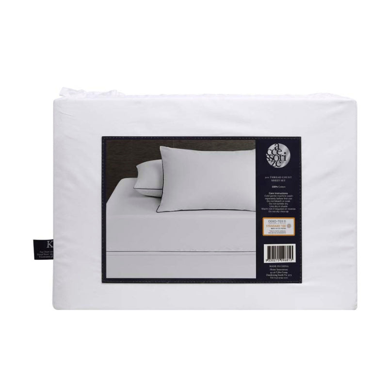 alt="Showcasing the back view packaging of deluxe cotton white and black sheet set"