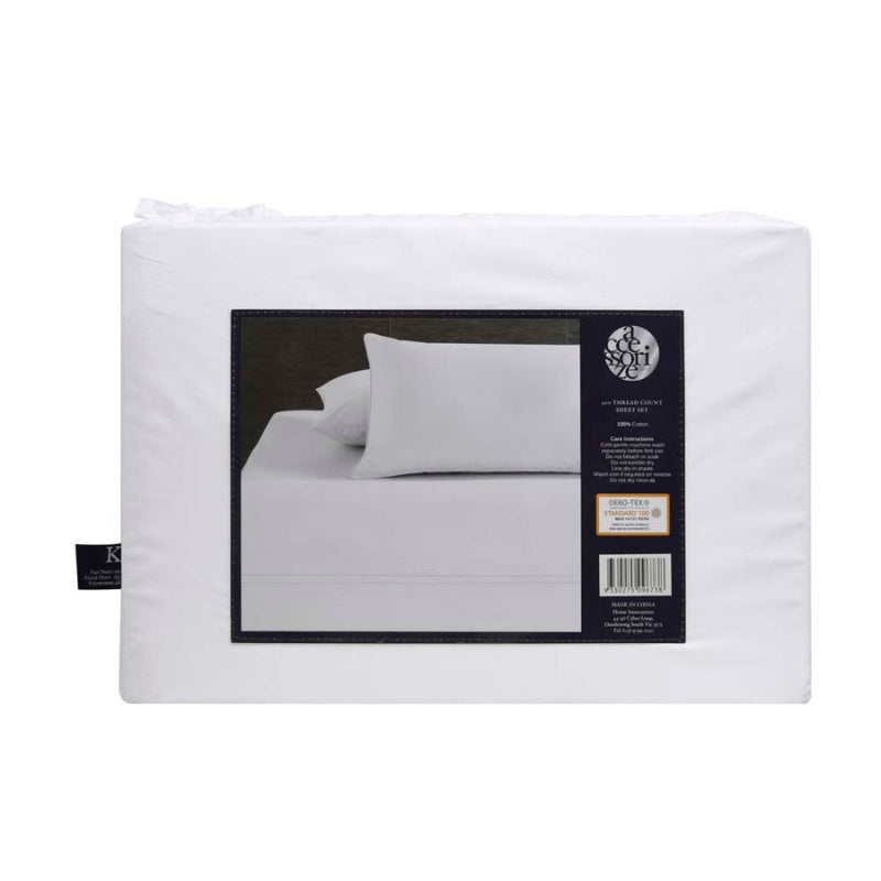 alt="Showcasing the back view packaging of white deluxe cotton sheet set"