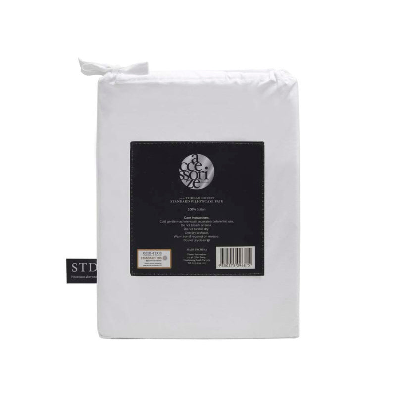 alt="Showcasing the back view packaging of white standard pillowcase with a beautiful piped edge"
