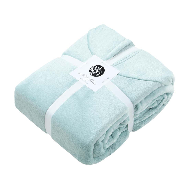 alt="Super soft mist hooded blanket with a cosy design, featuring a hood and large front pocket in the same plush material in a packaging"