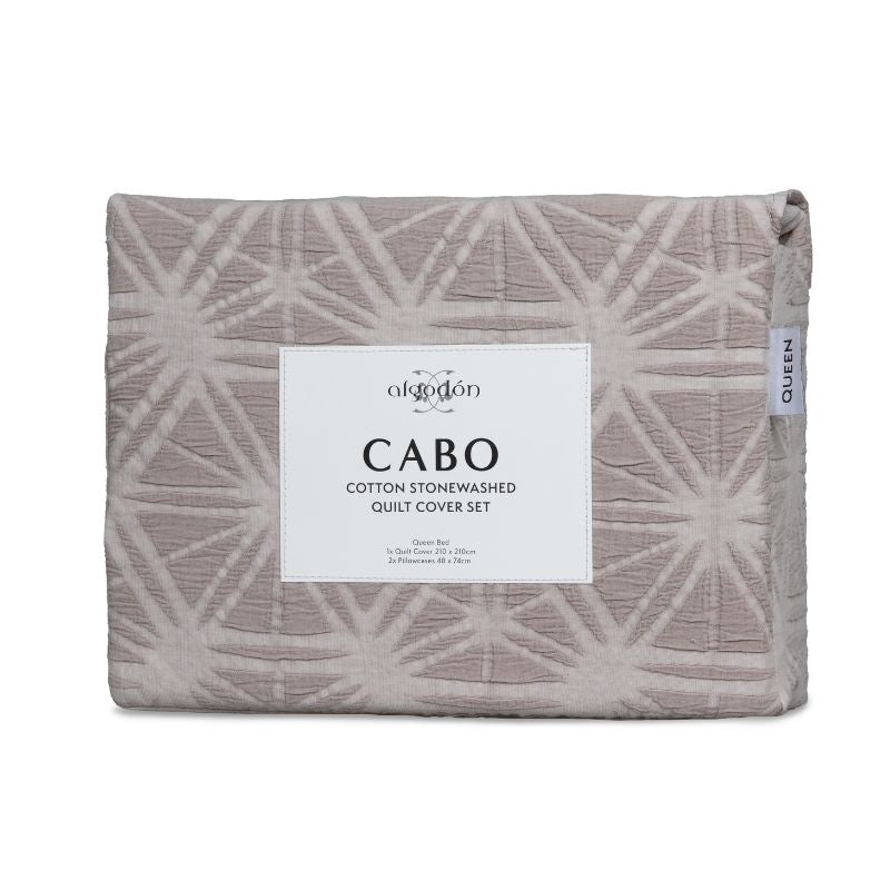 Packaging details of a cosy mauve quilt cover set featuring a subtle geometric embossed pattern.
