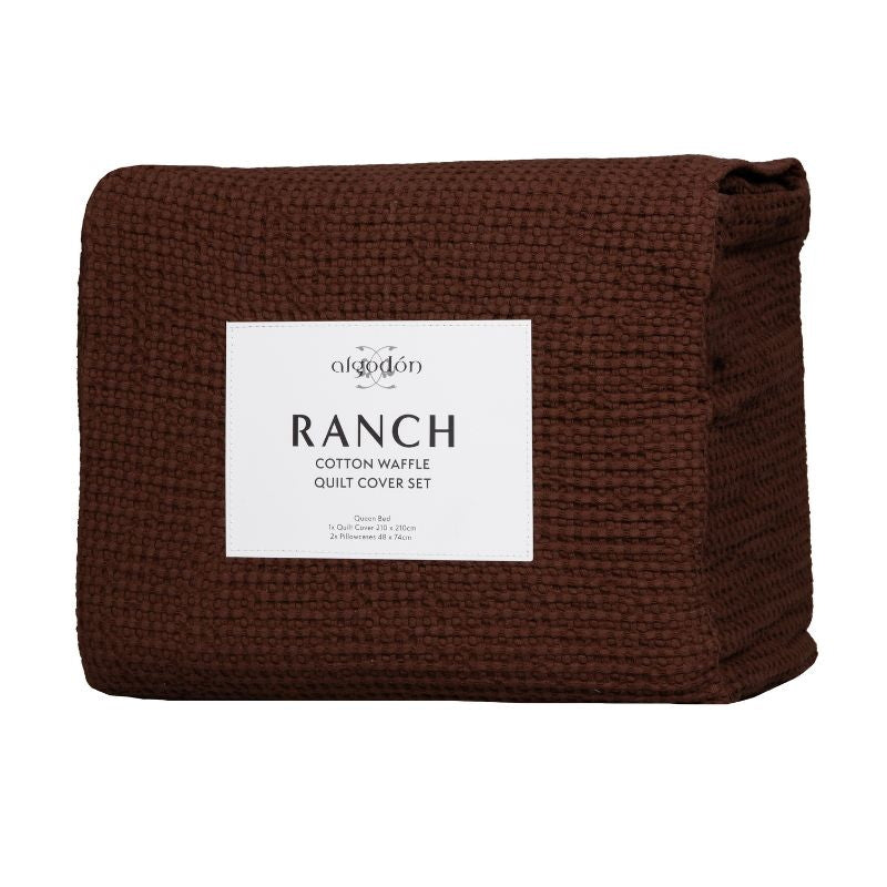 Packaging details of the brown quilt cover set, featuring a vintage cotton design with textured waffle for added depth and warmth.