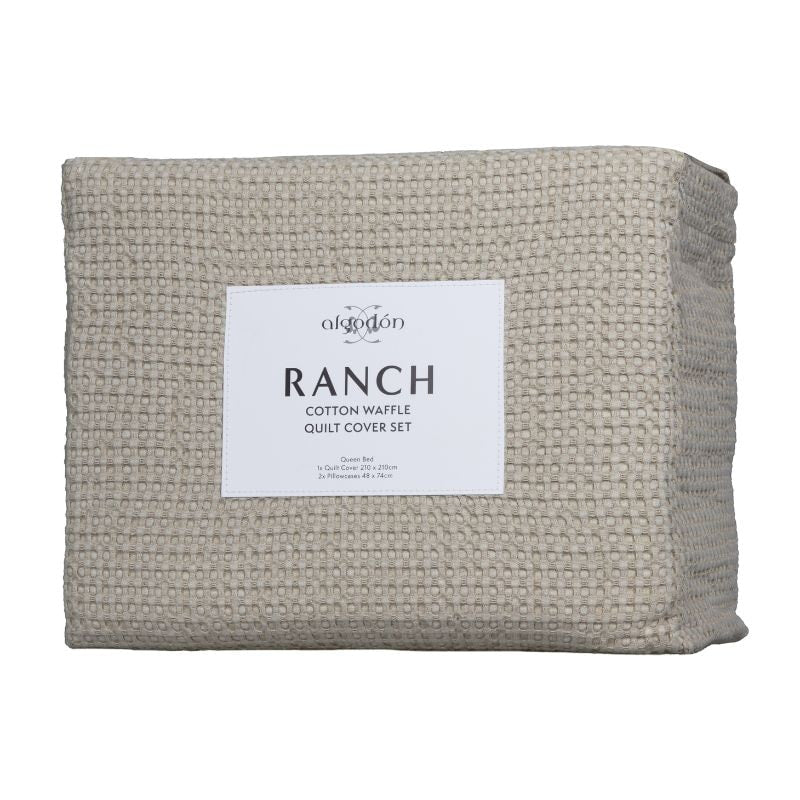 Packaging details of the natural quilt cover set, featuring a vintage cotton design with textured waffle for added depth and warmth.
