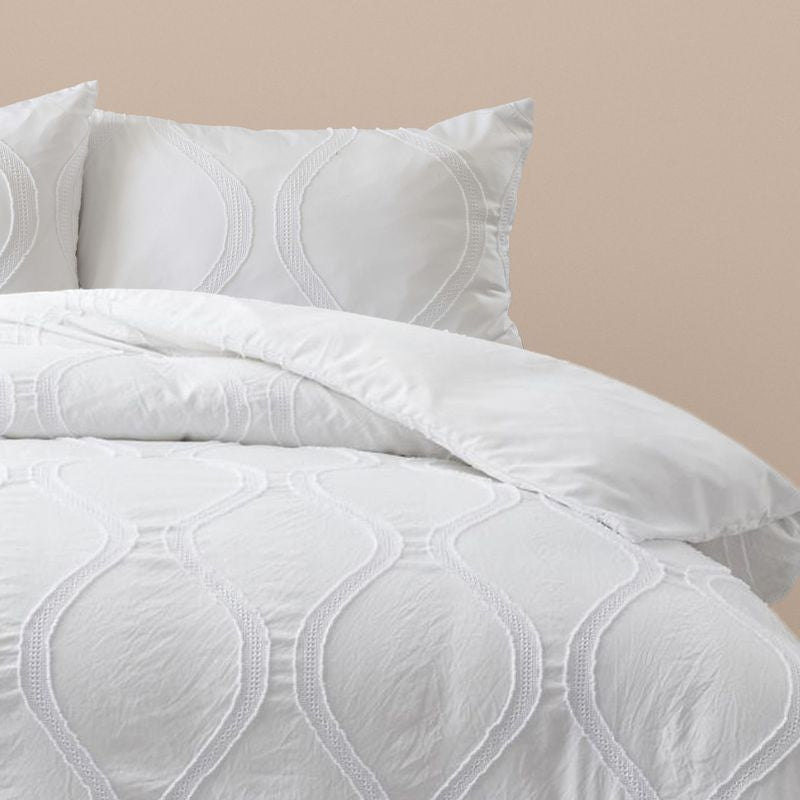 Fresh, classic white design with intricate patterns Quilt Cover Set adds sophistication to your bedroom.