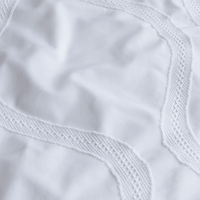 Close-up details of a fresh, classic white design with intricate patterns Quilt Cover Set.