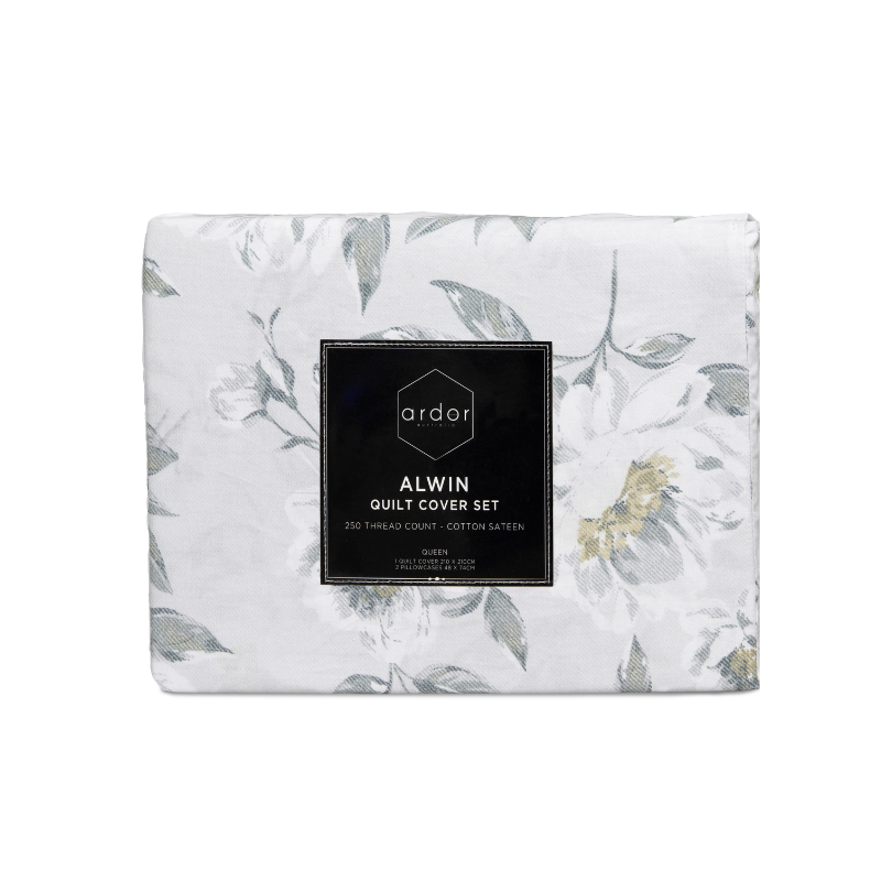 Front packaging of a serene cover set featuring a floral-patterned bed, enhancing the tranquil atmosphere.