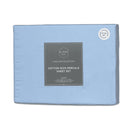 alt="Front packaging details of a light blue sheet set featuring crisp durable fabric in a classic colour palette and breathable"