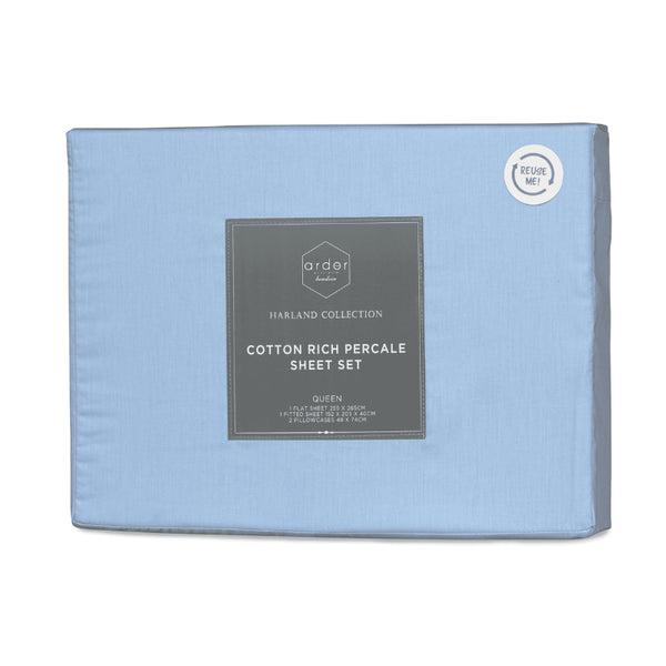 alt="Front packaging details of a light blue sheet set featuring crisp durable fabric in a classic colour palette and breathable"