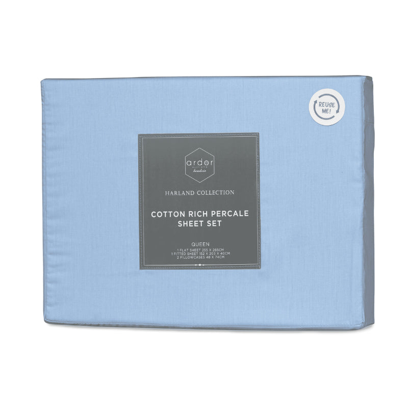 alt="Front packaging details of a light blue sheet set featuring crisp durable fabric in a classic colour palette and breathable"