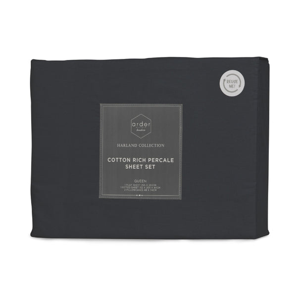 alt="Front packaging details of a charcoal sheet set featuring crisp durable fabric in a classic colour palette and breathable"