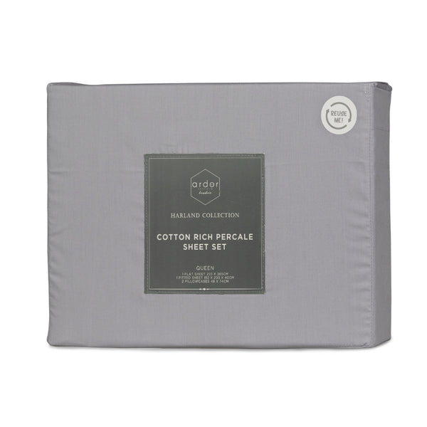 alt="Front packaging details of a silver sheet set featuring crisp durable fabric in a classic colour palette and breathable"