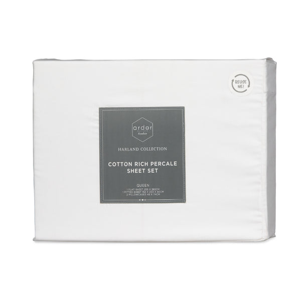 alt="Front packaging details of a white sheet set featuring crisp durable fabric in a classic colour palette and breathable"