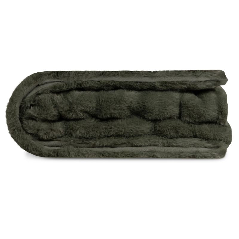 A luxurious and folded khaki throw with a soft, plush texture and earthy colour, featuring a green throw with a black trim.