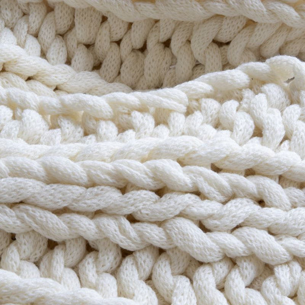 Close-up details of a cosy and textured ivory throw, a great gift idea for this season.