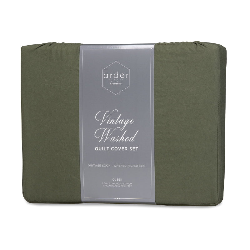 Ardor Boudoir Vintage Washed Khaki Quilt Cover Set in stylish packaging, perfect for adding a cozy touch to any bedroom decor.