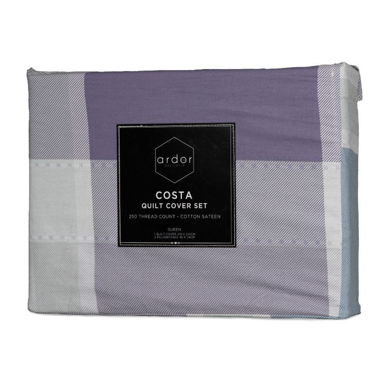 Packaging details of a soft blues and muted purples in a layered check pattern with subtle textured detail quilt cover set.
