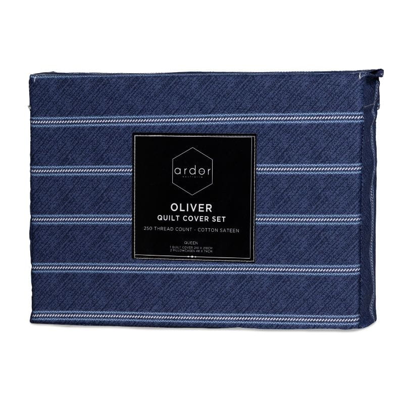 Packaging details of a deep navy quilt cover set with a grey striped design adds depth and sophistication to your space.