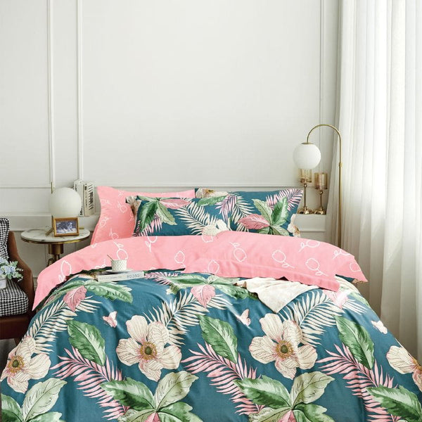 Tropical print quilt cover set with pink and blue flowers quilt cover set, brings warmth with ocean blue hues and delicate florals.