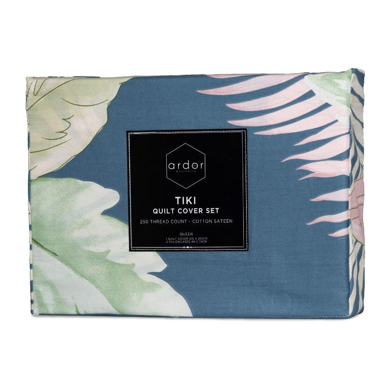 Packaging details of a tropical print bedding set with pink and blue flowers quilt cover set, brings warmth with ocean blue hues and delicate florals.
