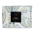 Packaging details of a Moroccan geometric design in blue and green hues quilt cover set.