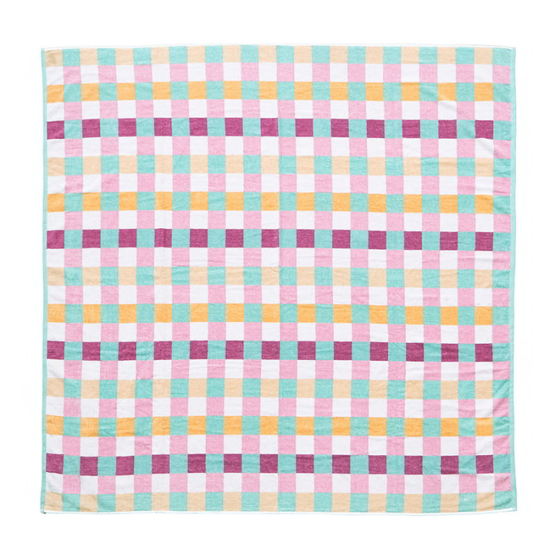 A vibrant sorbet checkered blanket on a white background, perfect for beach lounging or poolside picnics, showcasing its stylish check pattern.