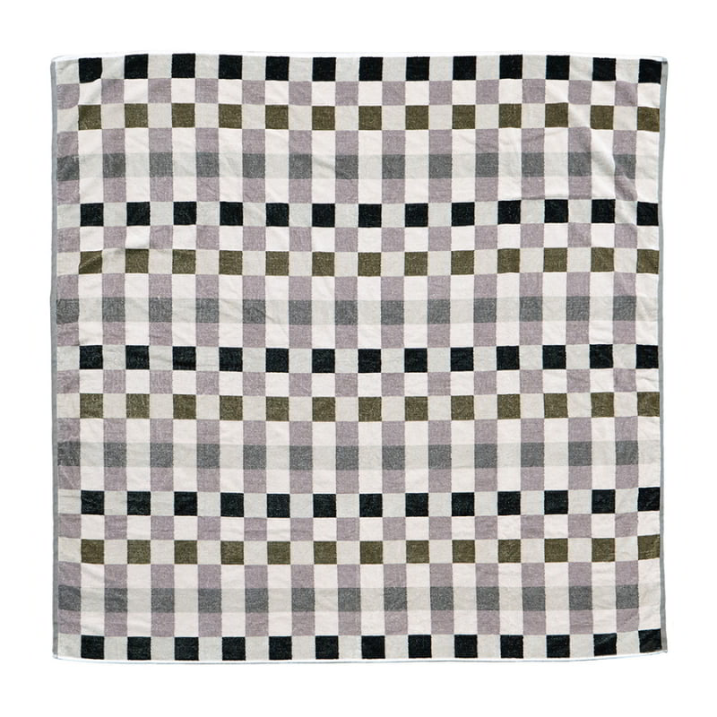 A multi coloured checkered beach blanket on a white background, showcasing a stylish and classic pattern.