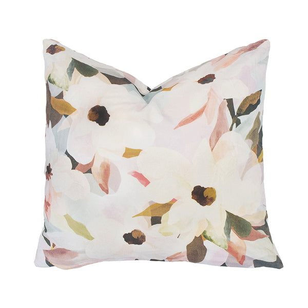Front details of Mesmerizing Ambrosia cushion features multicolour floral design on cotton velvet. Earthy and pastel tones, Cloudlux fibre fill included.
