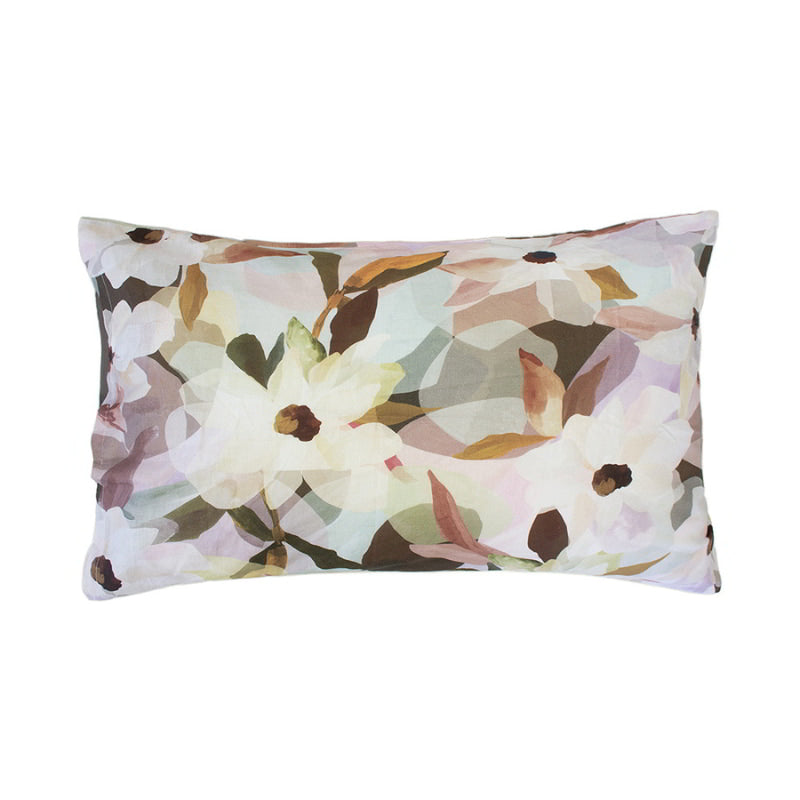 Printed floral pillow, part of Ambrosia quilt cover set. Earthy and pastel tones bring nature's beauty indoors.