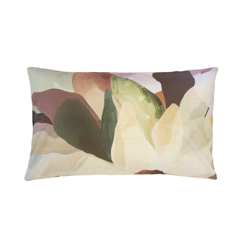 Printed floral pillow, part of Ambrosia quilt cover set. Earthy and pastel tones bring nature's beauty indoors.