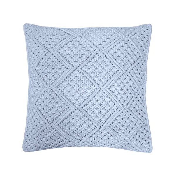alt="Blue macrame diamond pattern square cushion"