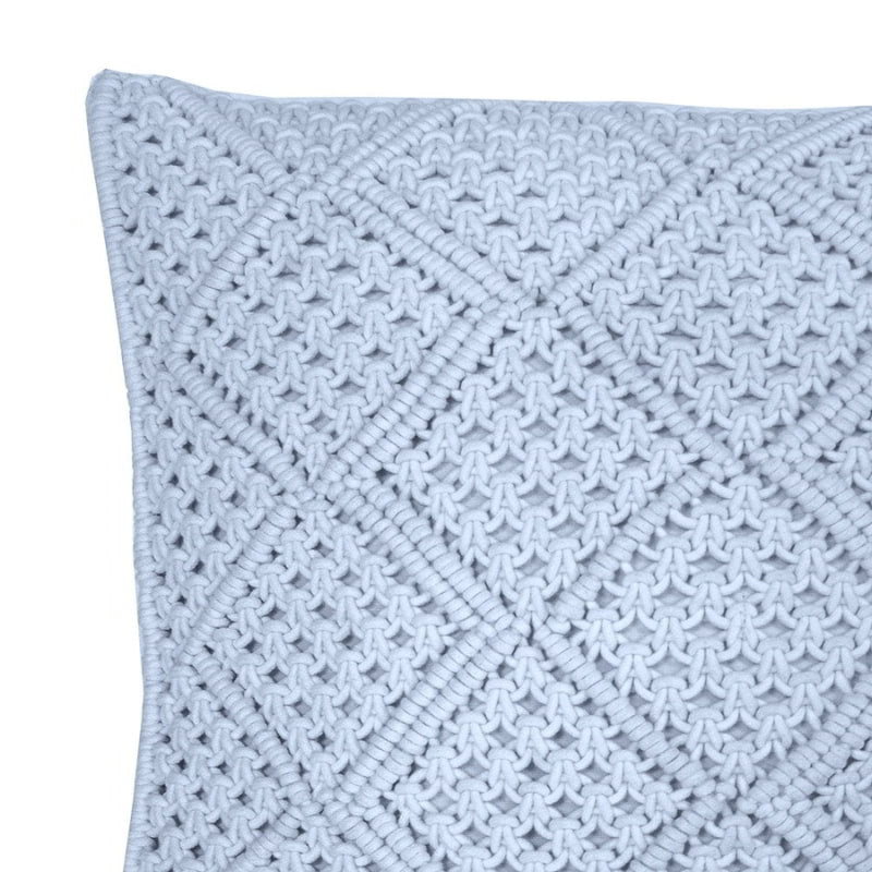 alt="Close-up view of a blue macrame diamond pattern square cushion"
