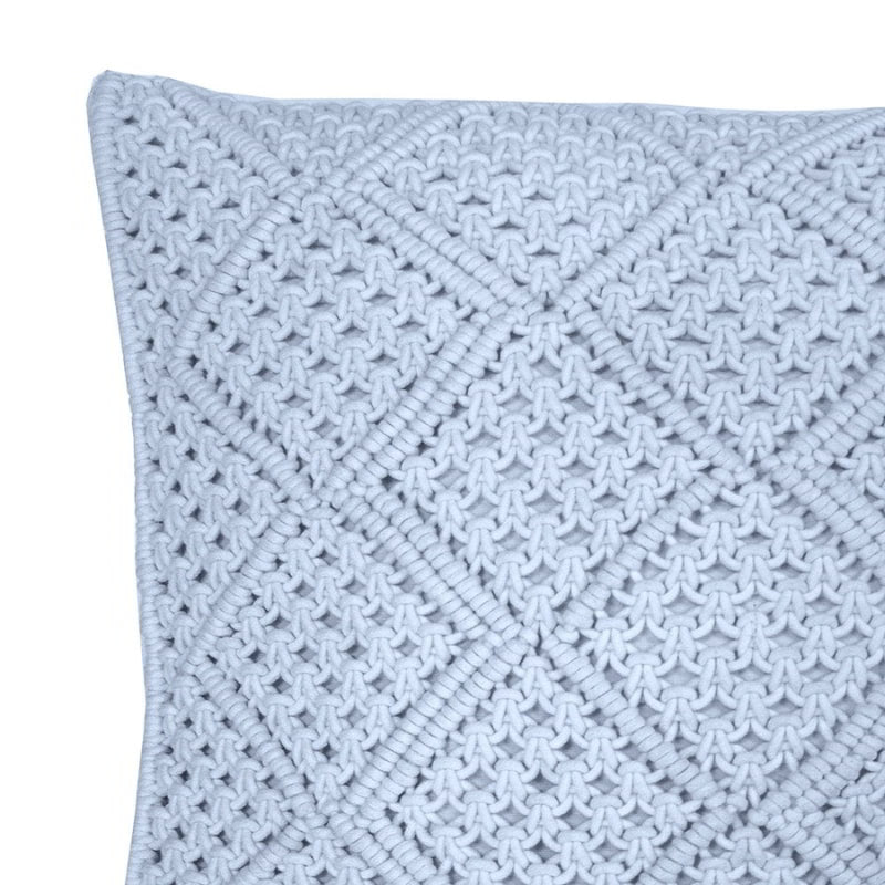 alt="Close-up view of a blue macrame diamond pattern square cushion"