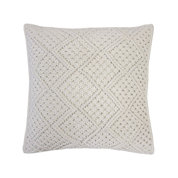 alt="Ivory macrame diamond pattern square cushion"