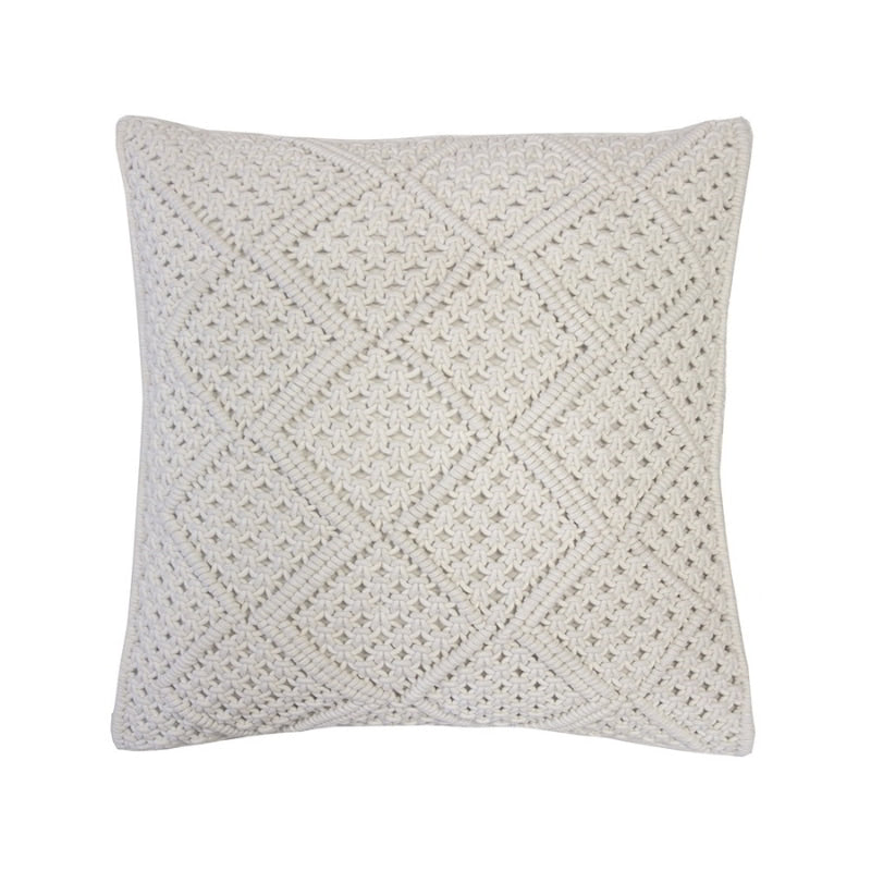 alt="Ivory macrame diamond pattern square cushion"