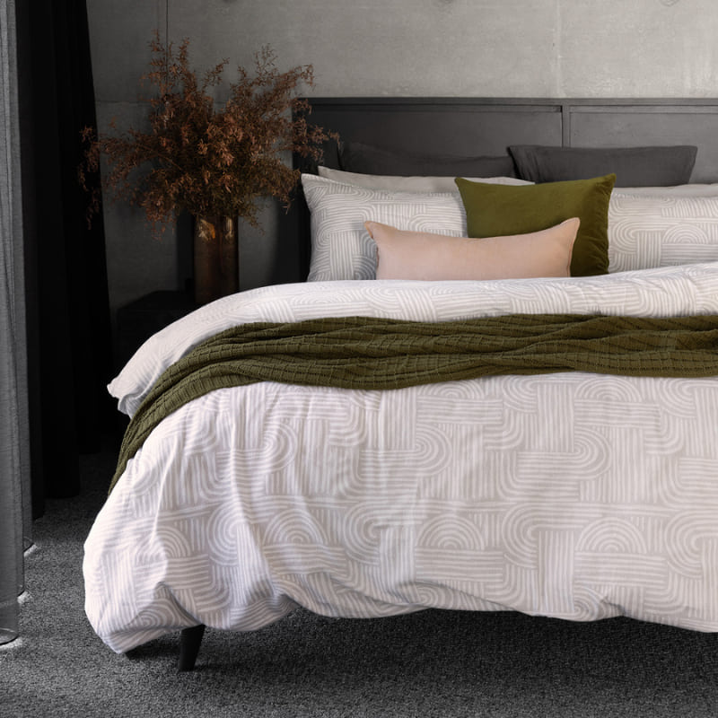 Bambury Bowie Neutrals Quilt Cover Set styled on a neatly made bed with matching pillowcase