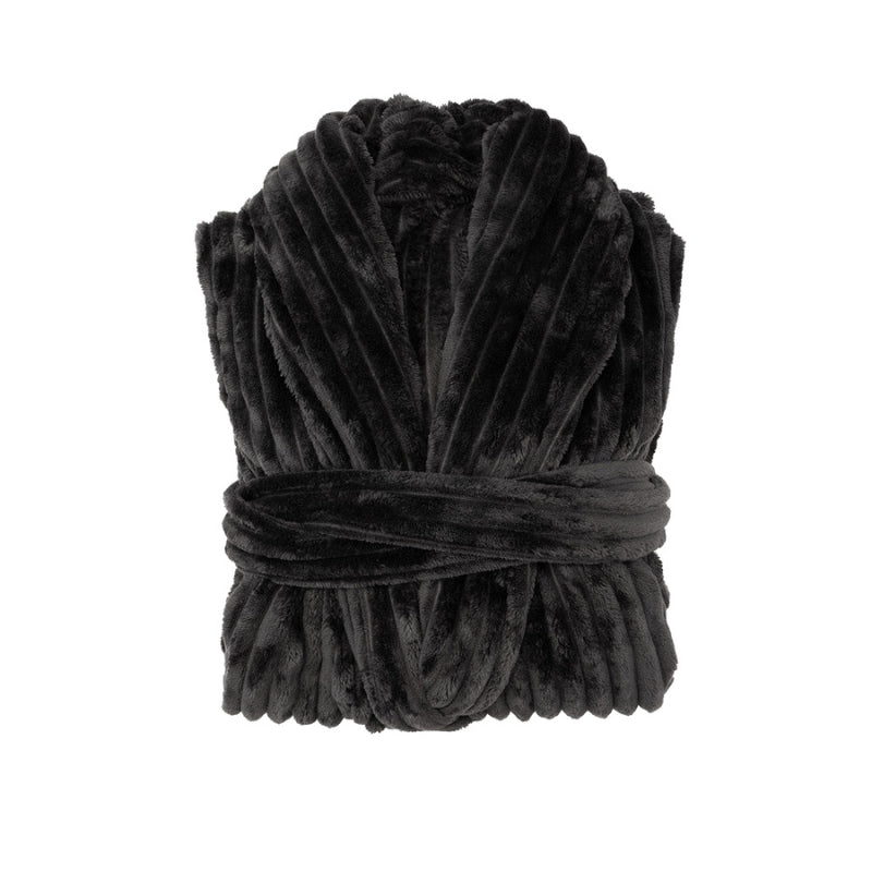 Folded Bambury Channel Fleece Robe in charcoal, showcasing its plush velour stripe texture