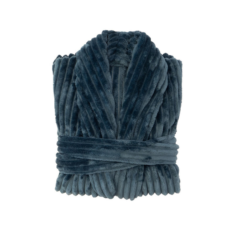 Folded Bambury Channel Fleece Robe in blue, showcasing its plush velour stripe texture