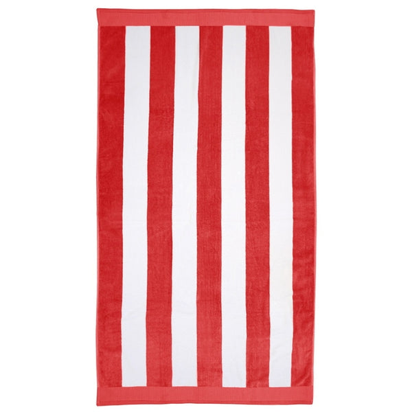 alt="Vibrant red and white striped beach towel"