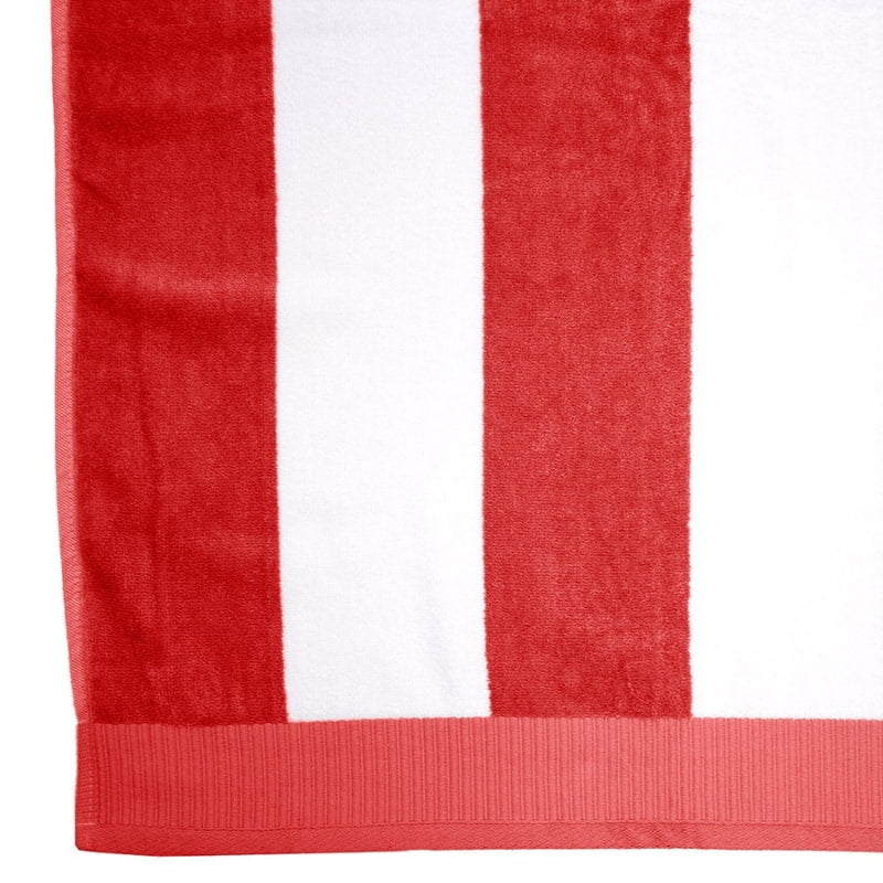alt="Close-up view of a vibrant red and white striped beach towel"