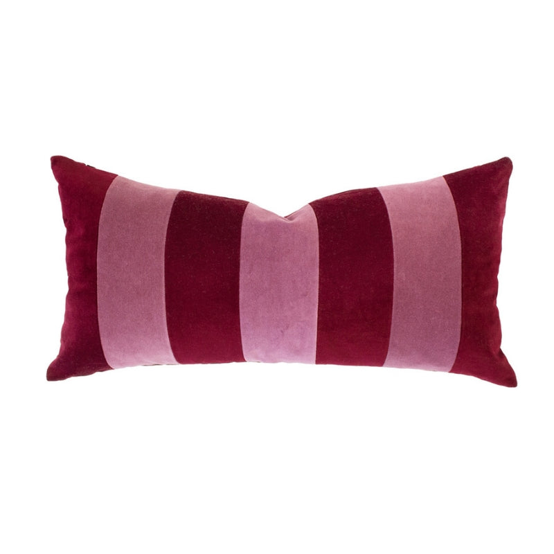 Front view of the cushion showing bold velvet stripes in berry and blush tones