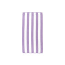 A purple and white striped beach towel, made from reused cotton, perfect for eco-friendly beach or pool days.