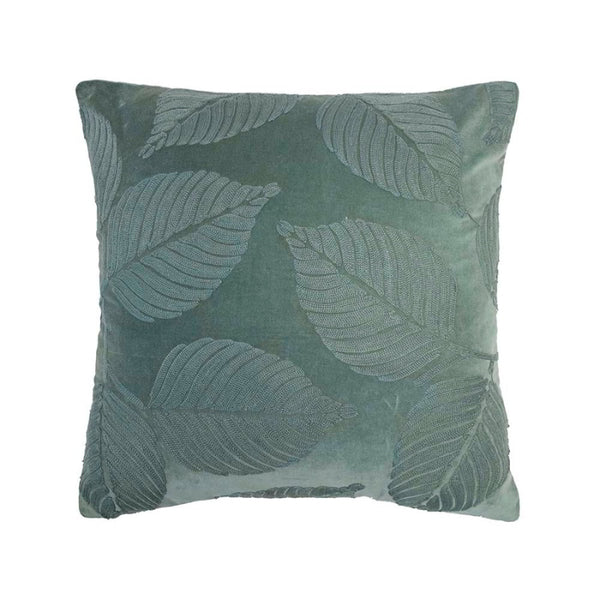 alt="Green velvet cushion designed with eucalyptus leaves"