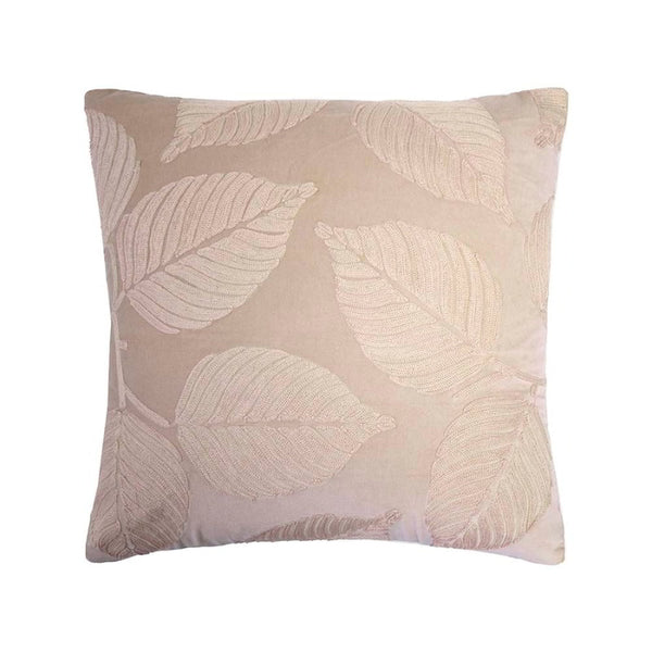 alt="Natural velvet cushion designed with eucalyptus leaves"