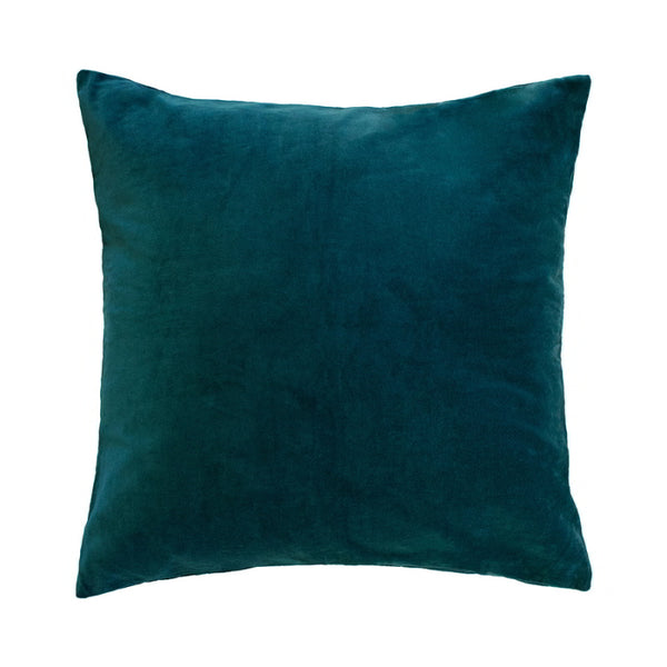 Front details of an opulent deep teal velvet pillow, ideal for enhancing the sophistication and cosiness of your bedroom design.