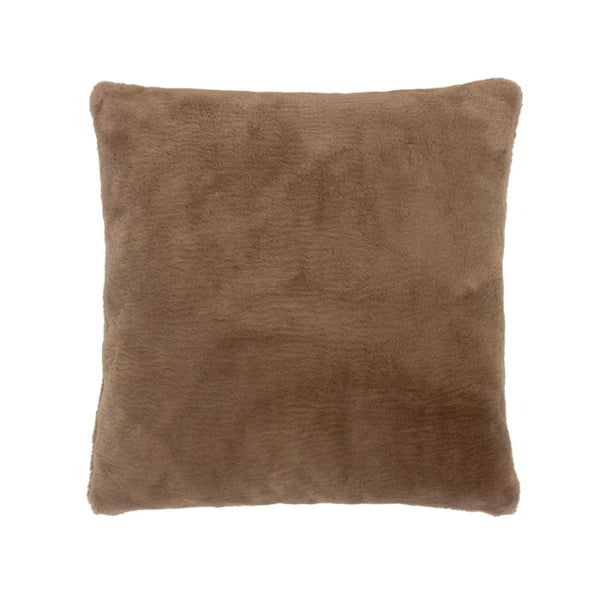 A square brown cushion made of soft faux fur fabric, perfect for adding extra comfort and warmth to your couch or bed. Machine washable.