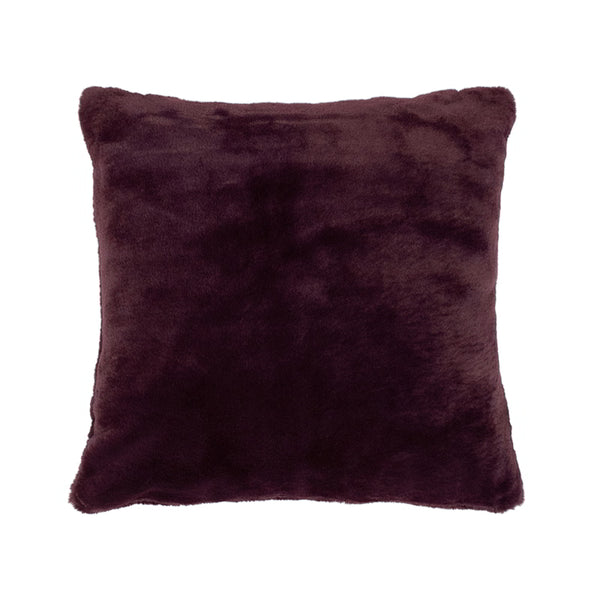 A square maroon cushion made of soft faux fur fabric, perfect for adding extra comfort and warmth to your couch or bed. Machine washable.
