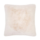 Front view of a soft white faux fur cushion in classic snow white
